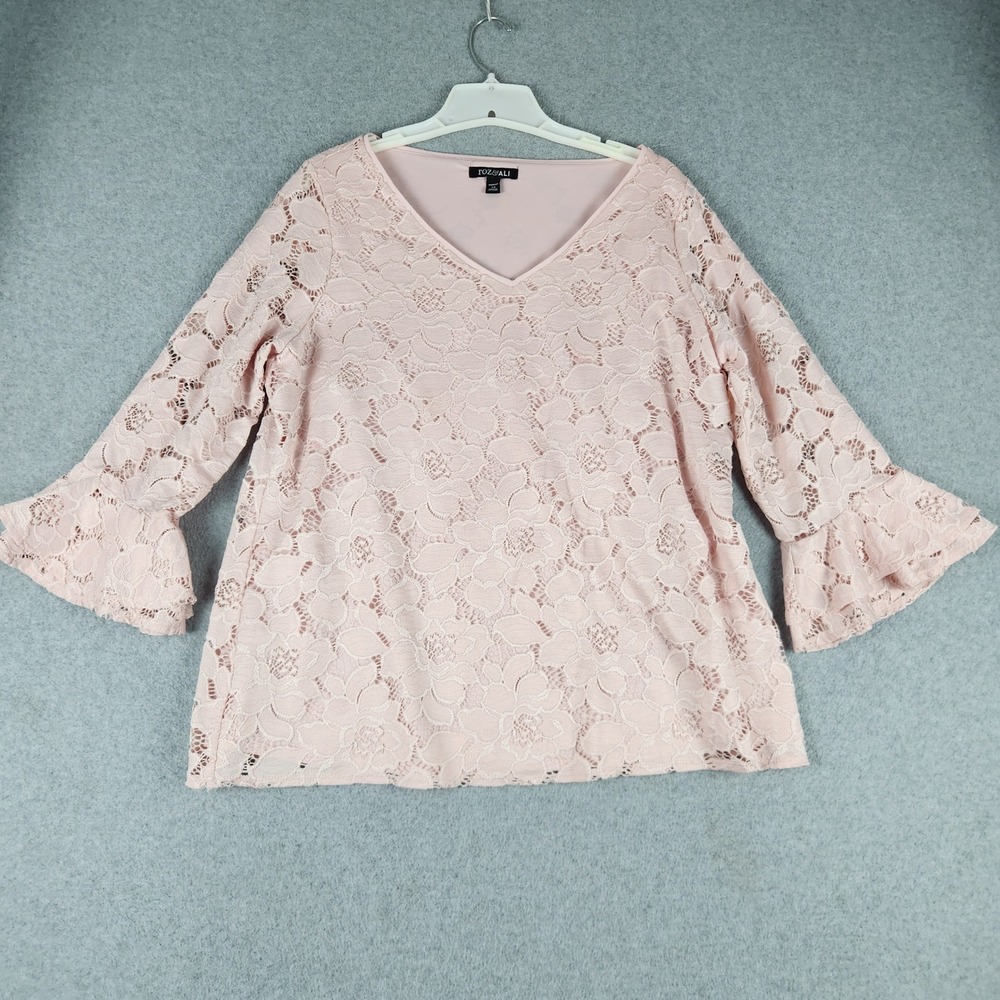 Roz & Ali Blouse Top Womens 1X Pink Floral Lace Office Wear Bell Sleeve